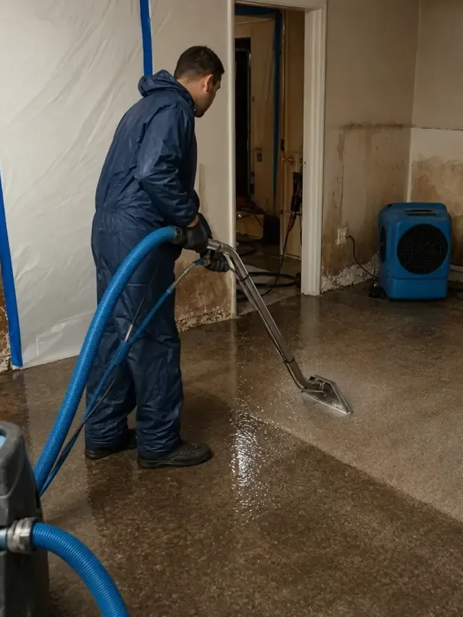 Restoration technician running extraction equipment across a water-damaged floor in a home