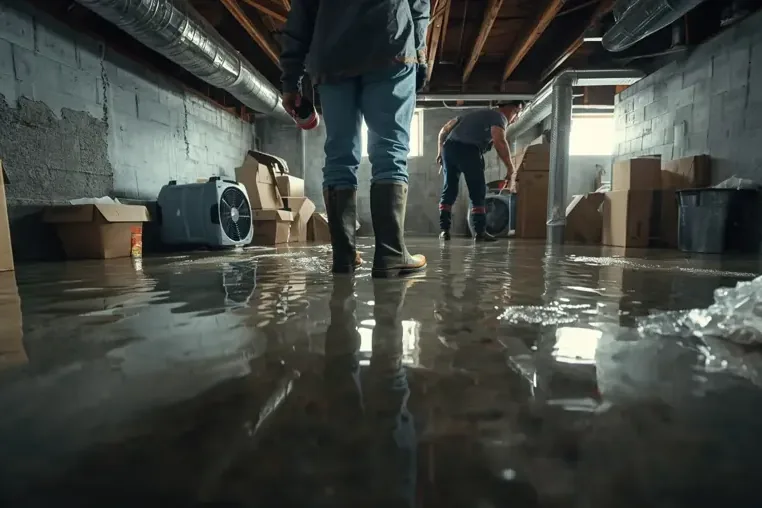Workers in rubber boots wading through standing water in a basement