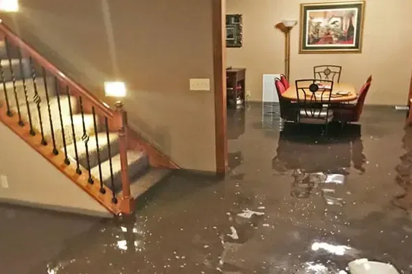 Finished basement flooded with water reaching the bottom of the stairs