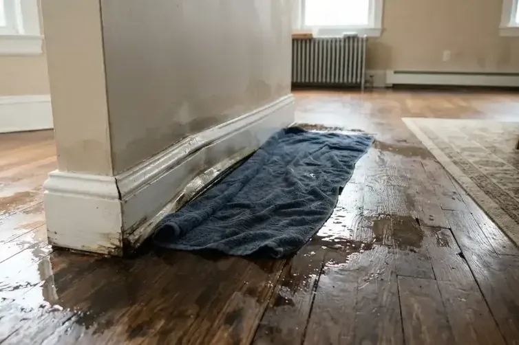 Towel laid along the baseboard of a wet hardwood hallway after a pipe leak