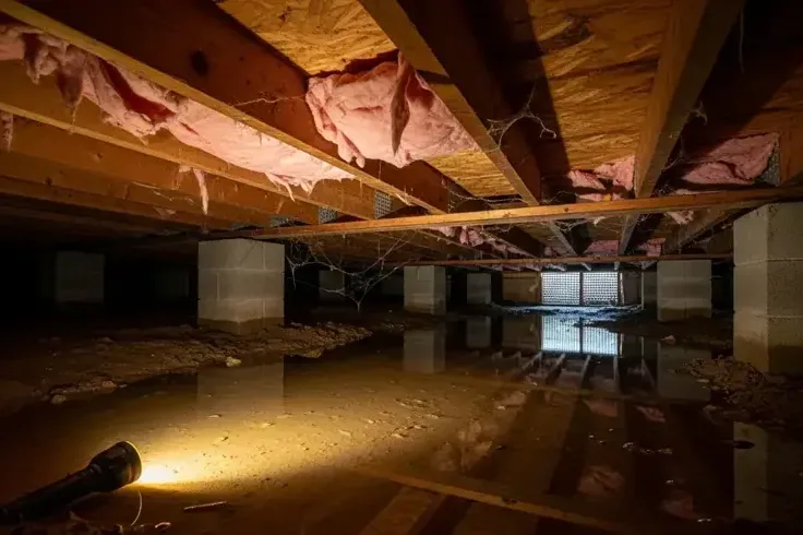 Standing water pooled beneath the floor joists of a flooded crawl space