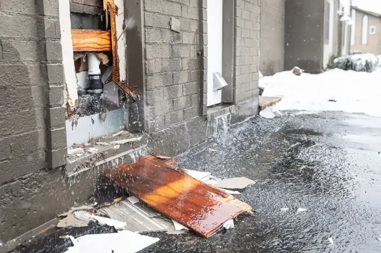 Water gushing from a split pipe in an outside wall after a hard freeze