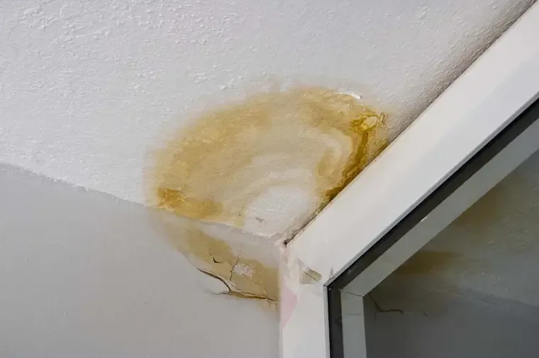 Brown roof leak stain creeping across the corner of a top-floor ceiling