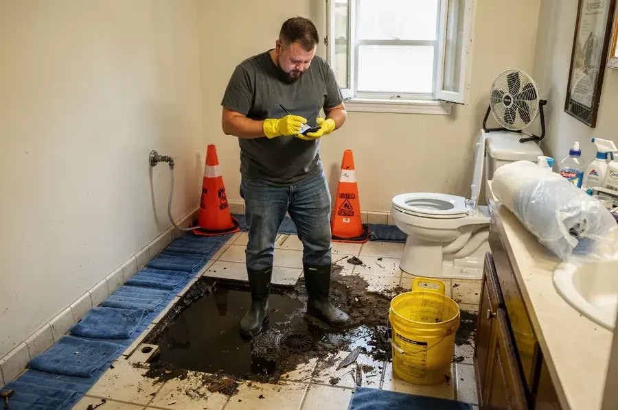 Bathroom floor opened up during a sewage backup cleanup