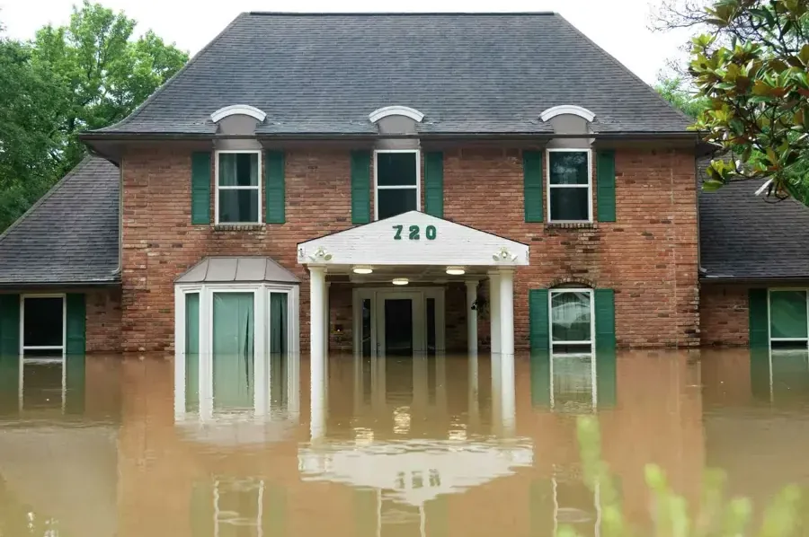 Brick house surrounded by muddy brown floodwater after a flash flood