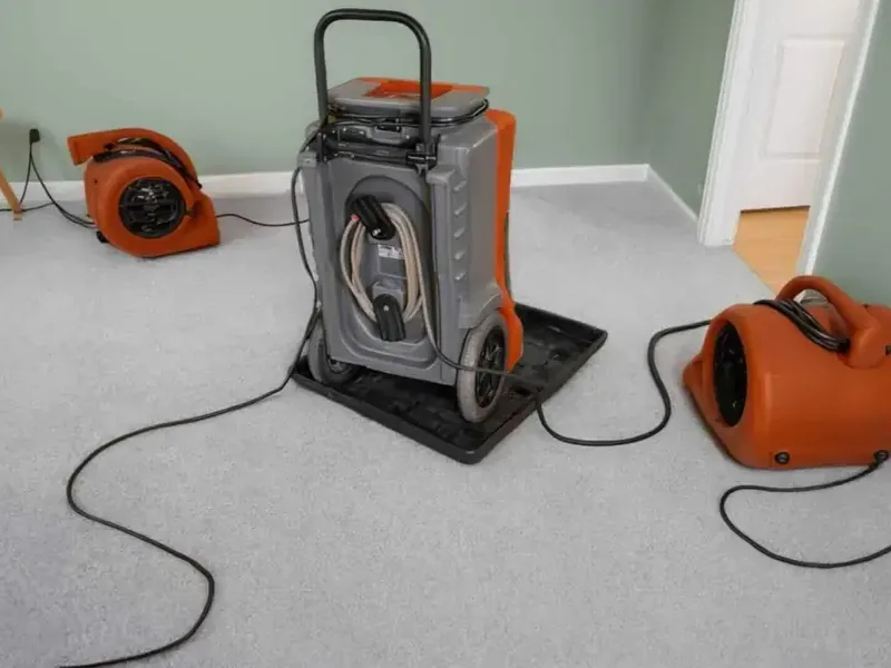 Air movers and a dehumidifier running in a carpeted room during drying