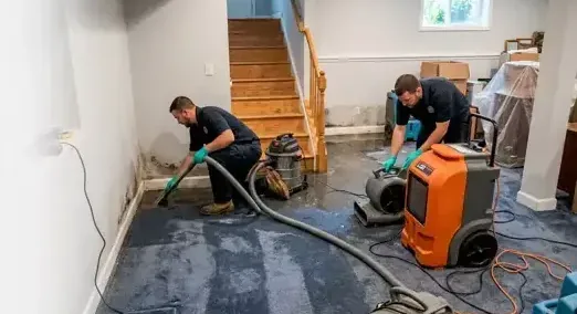 Two technicians running hoses and a portable extractor across soaked hallway carpet