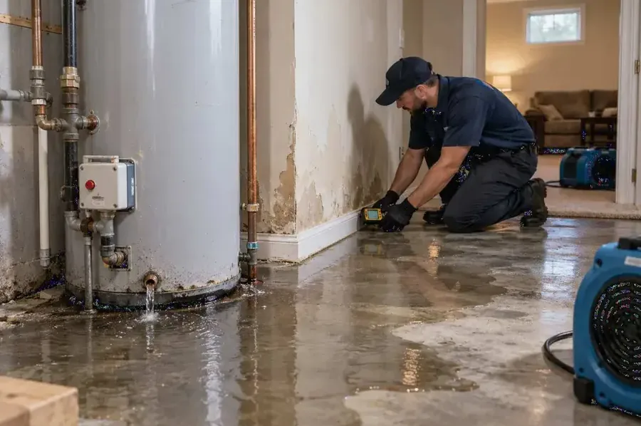 Technician taking moisture readings beside a leaking tank water heater